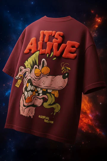 It's Alive Maroon Oversized Puff Printed Exclusive T-shirt