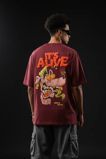 It's Alive Maroon Oversized Puff Printed Exclusive T-shirt
