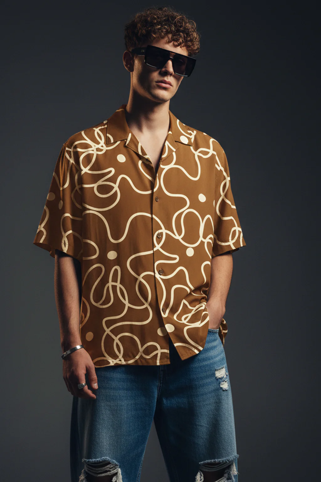 Abstract Maze Brown All Over Print Oversized Exclusive Shirt
